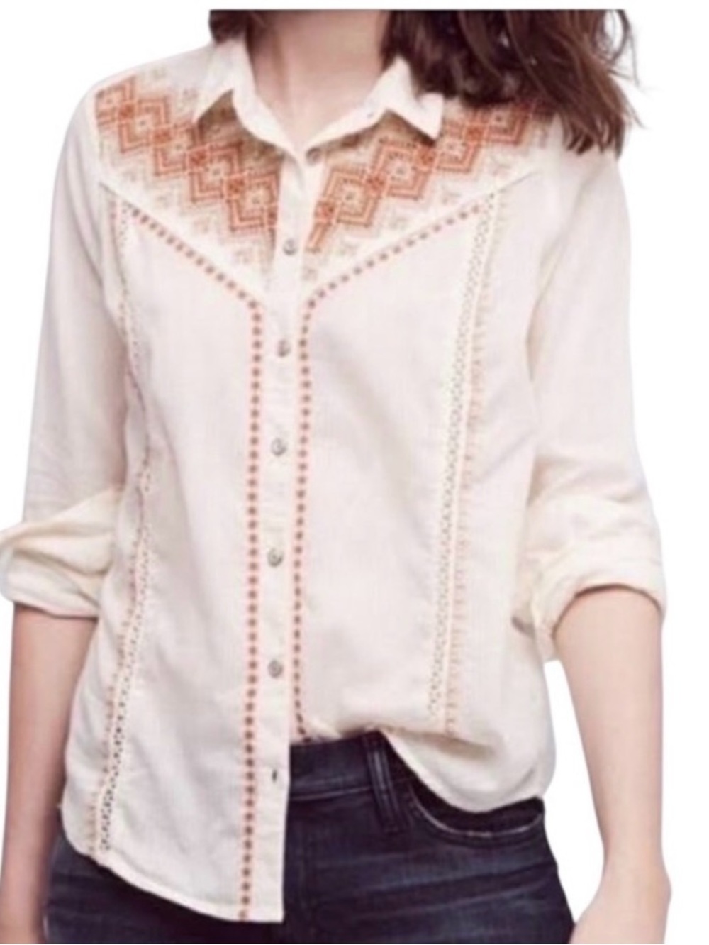 HOLDING HORSES Cream Button-Down Blouse with Rust Embroidery